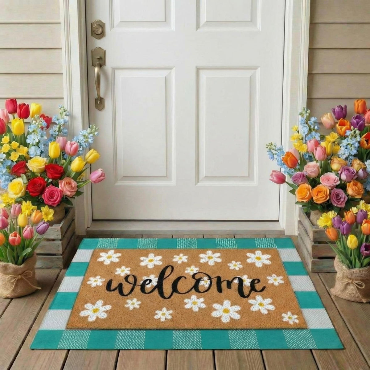 Drydiet Spring Layered Door Mat front view with daisy design