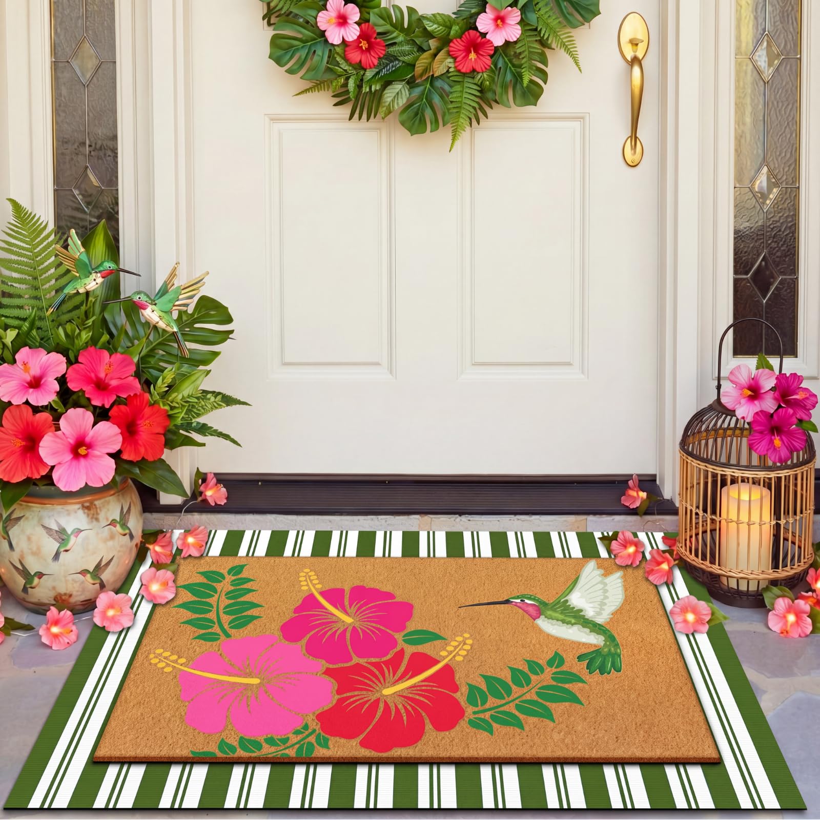 Drydiet Tropical Doormat Set front view featuring hibiscus design