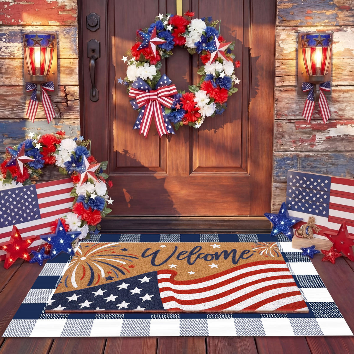 Drydiet Welcome Door Mat outdoor blue and white with American flag design
