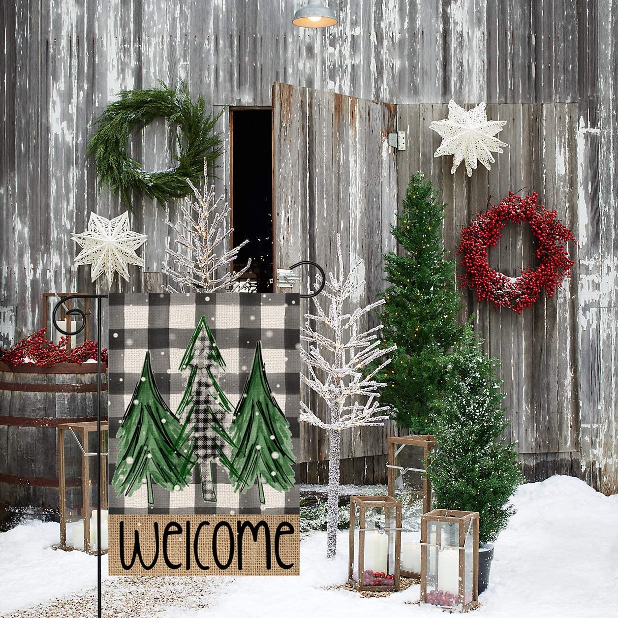 Dsben Welcome Christmas Trees Garden Flag back view with buffalo check design
