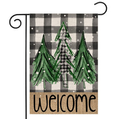 Dsben Welcome Christmas Trees Garden Flag front view with green pine trees