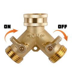 Dual shut-off valves on Triumpeek garden hose splitter