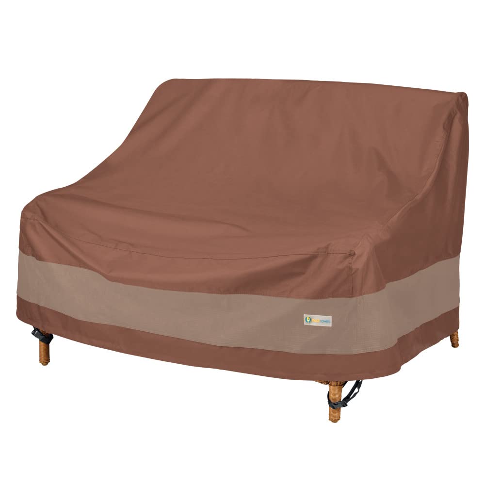 Duck Covers Ultimate Patio Loveseat Cover front view in Mocha Cappuccino