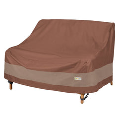 Duck Covers Ultimate Patio Loveseat Cover front view in Mocha Cappuccino