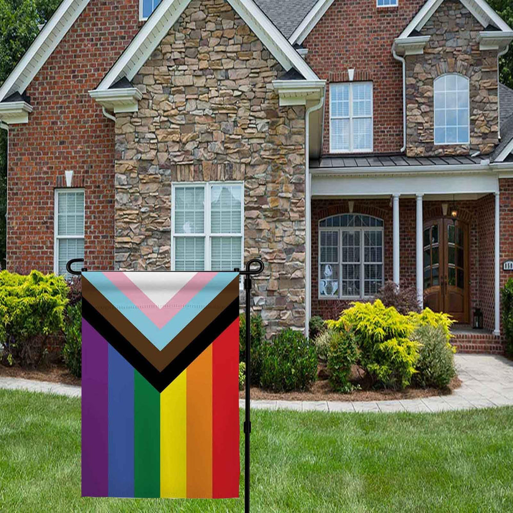ducuh Progress Pride Rainbow Garden Flag displayed on mailbox