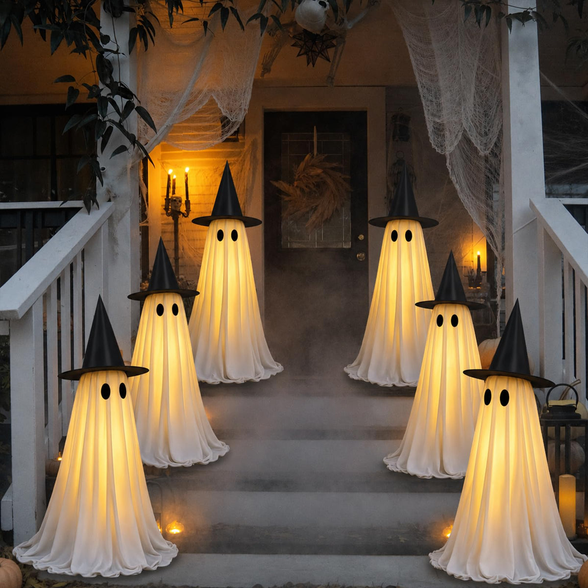 DULEFUN Halloween ghost decoration front view with white fabric and black witch hat