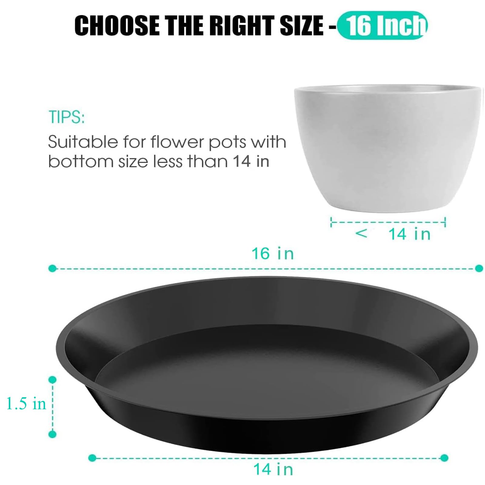 DUNPUTE 16 Inch black plant saucer side view