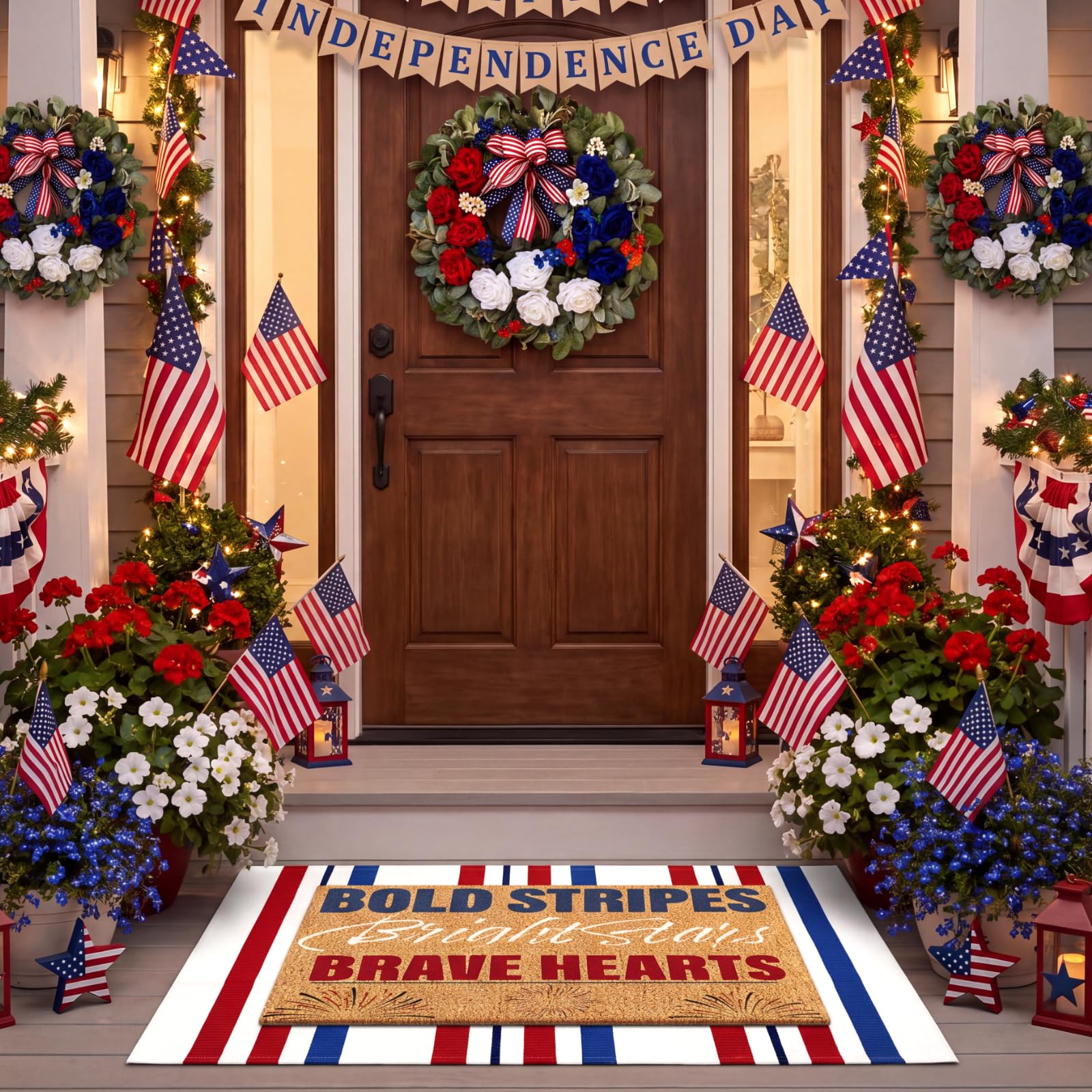 Duraaamo 4th of July coir door mat front view with red, white, and blue design