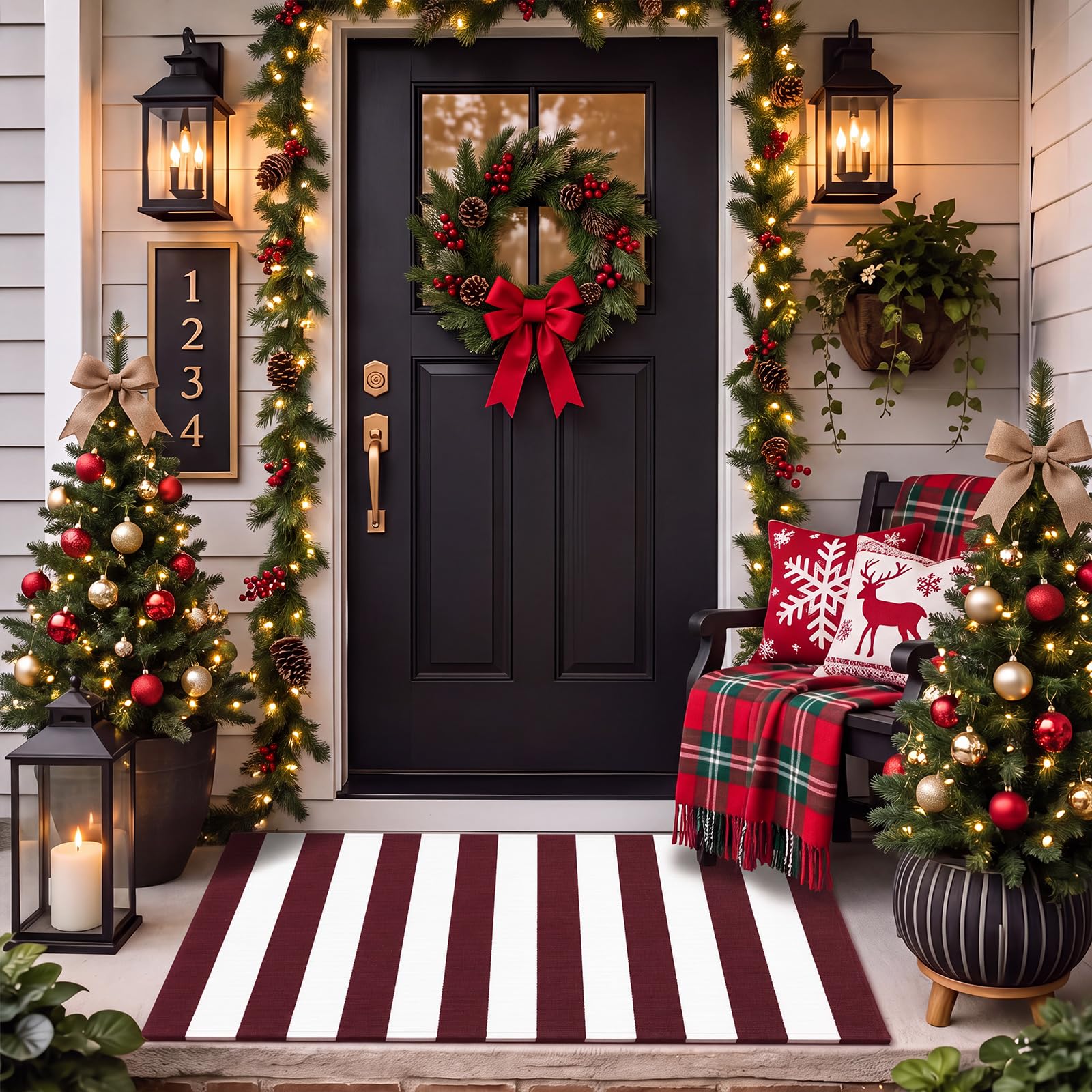 Duraaamo Burgundy White Striped Rug in outdoor setting