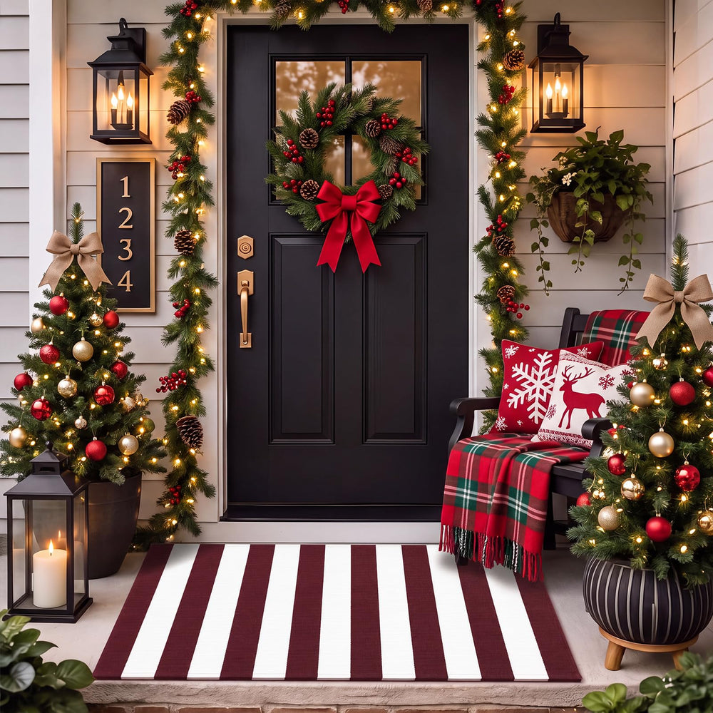Duraaamo Burgundy White Striped Rug in outdoor setting
