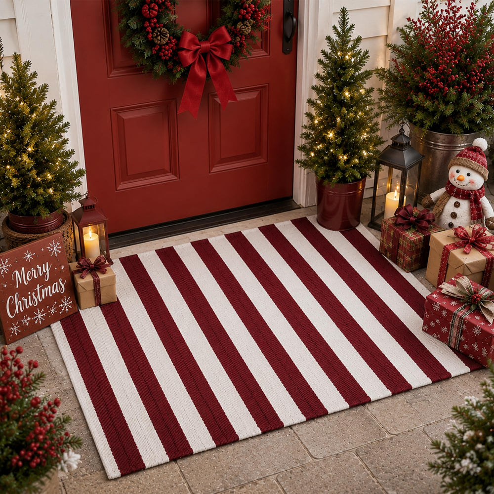 Duraaamo Burgundy White Striped Rug with seasonal decor