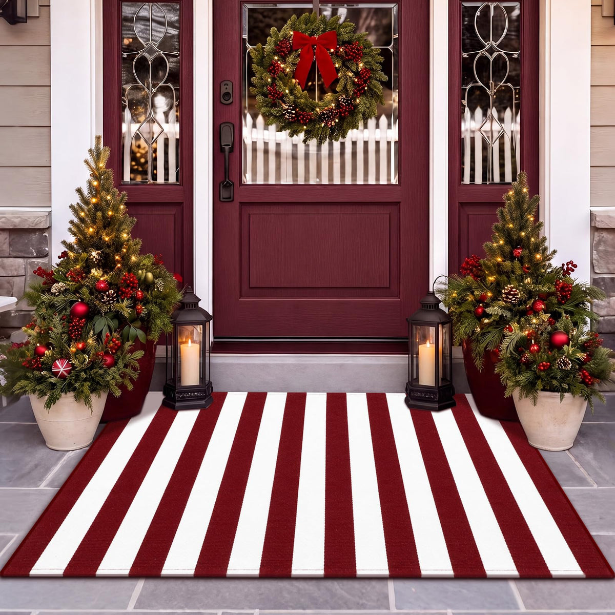 Duraaamo Christmas Burgundy White Striped Rug front view