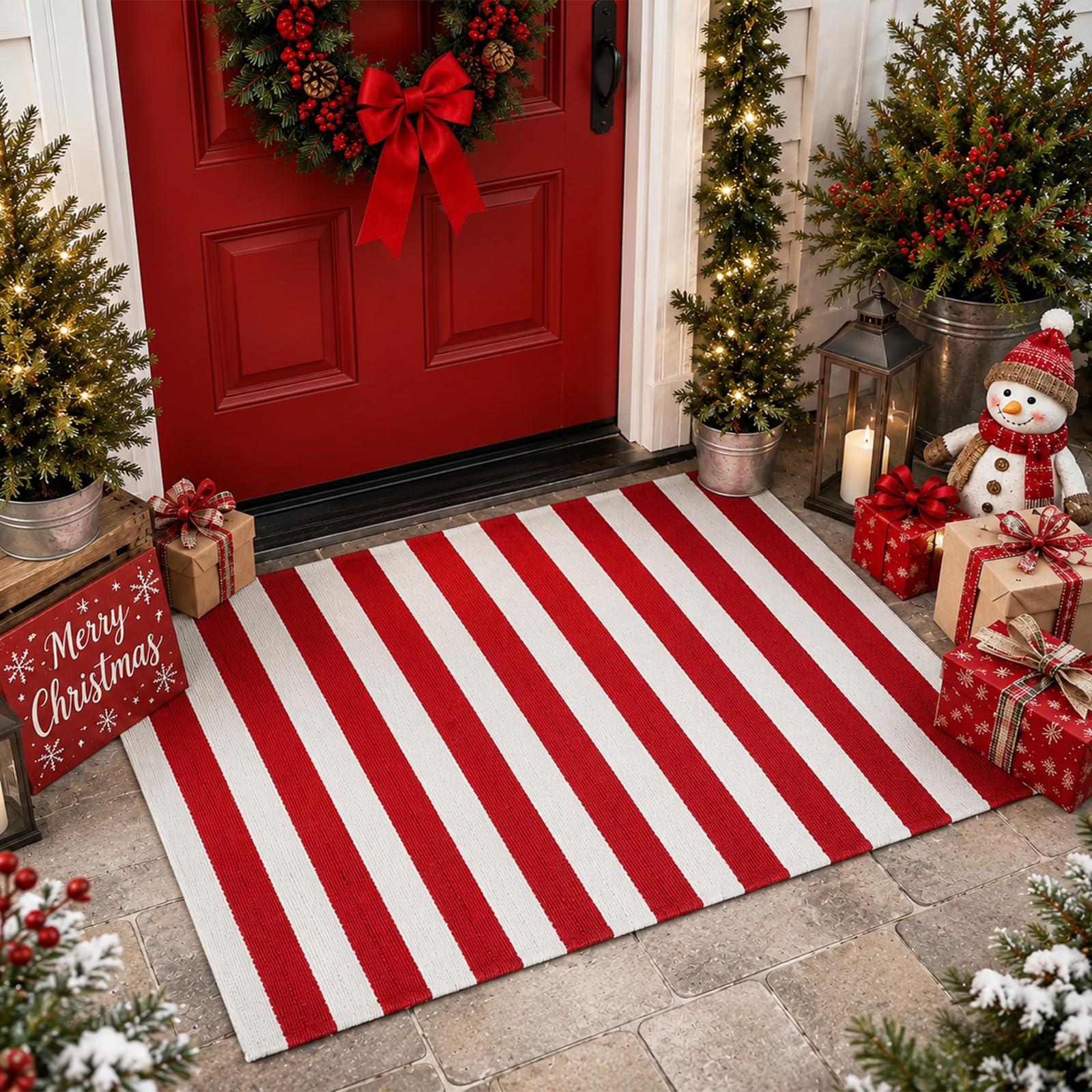 Duraaamo Christmas Red and White Striped Rug in outdoor setting