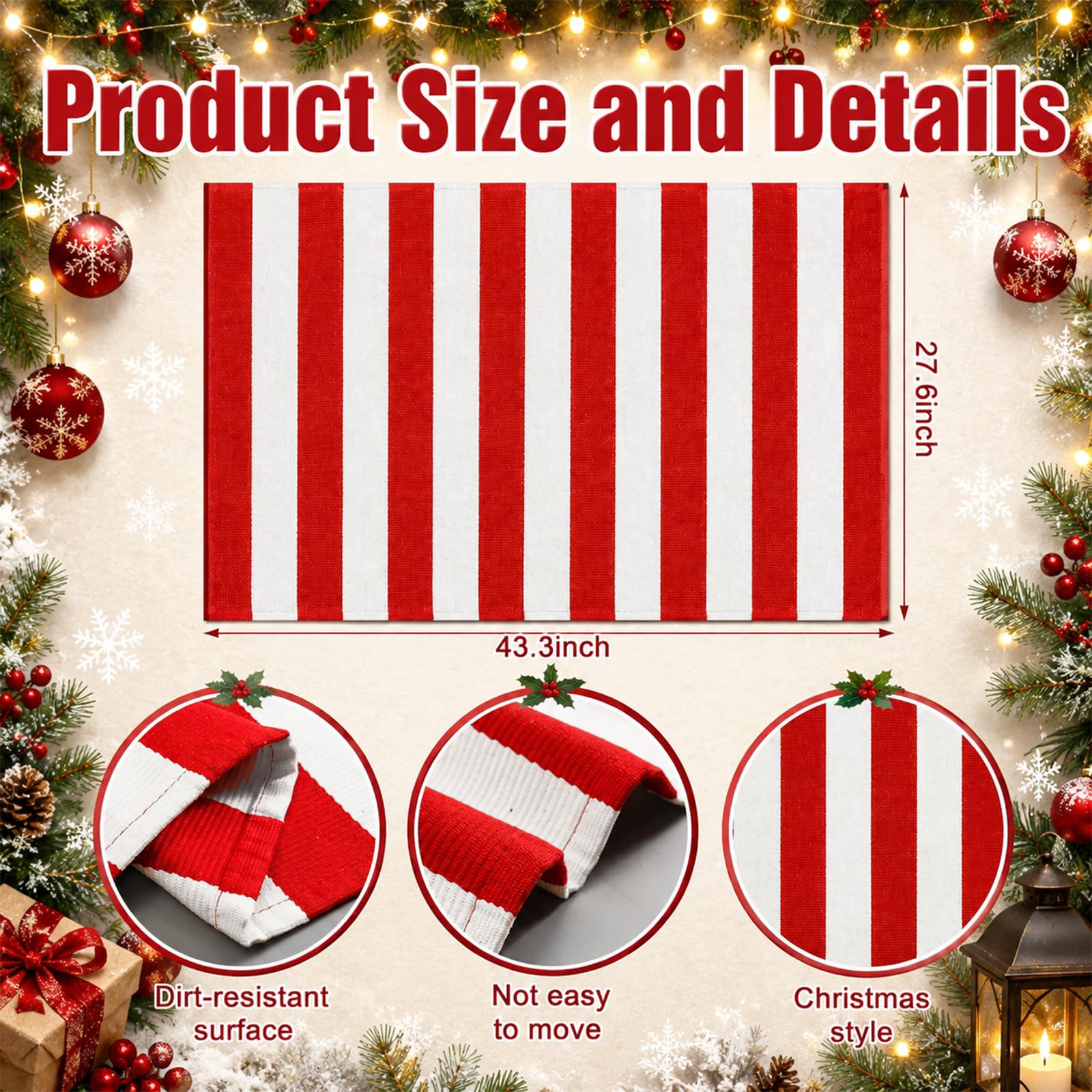 Duraaamo Christmas Red and White Striped Rug on porch