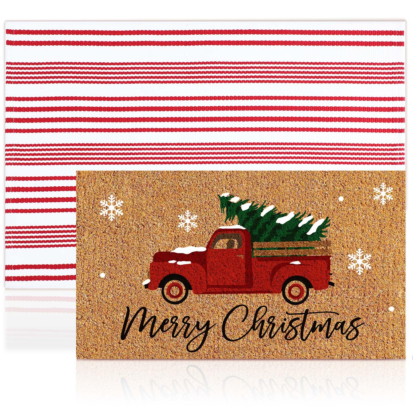Duraaamo doormat at an entryway with holiday decorations