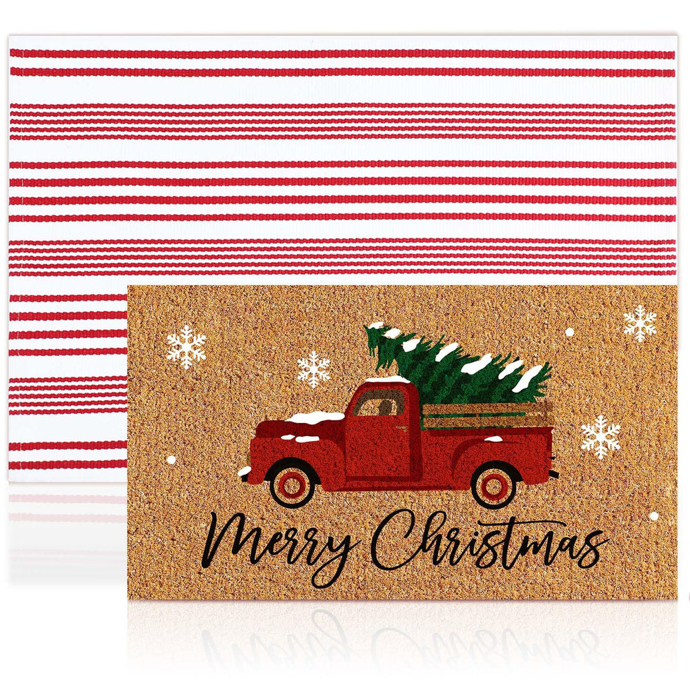 Duraaamo doormat at an entryway with holiday decorations
