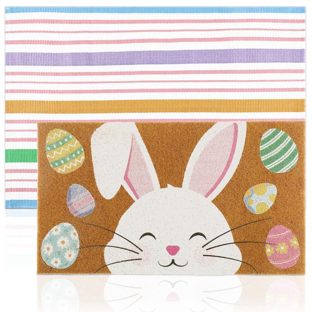 Duraaamo Easter Coir Doormat with bunny patterns and colourful stripes