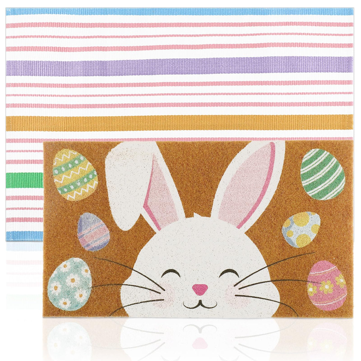 Duraaamo Easter Coir Doormat with bunny patterns and colourful stripes