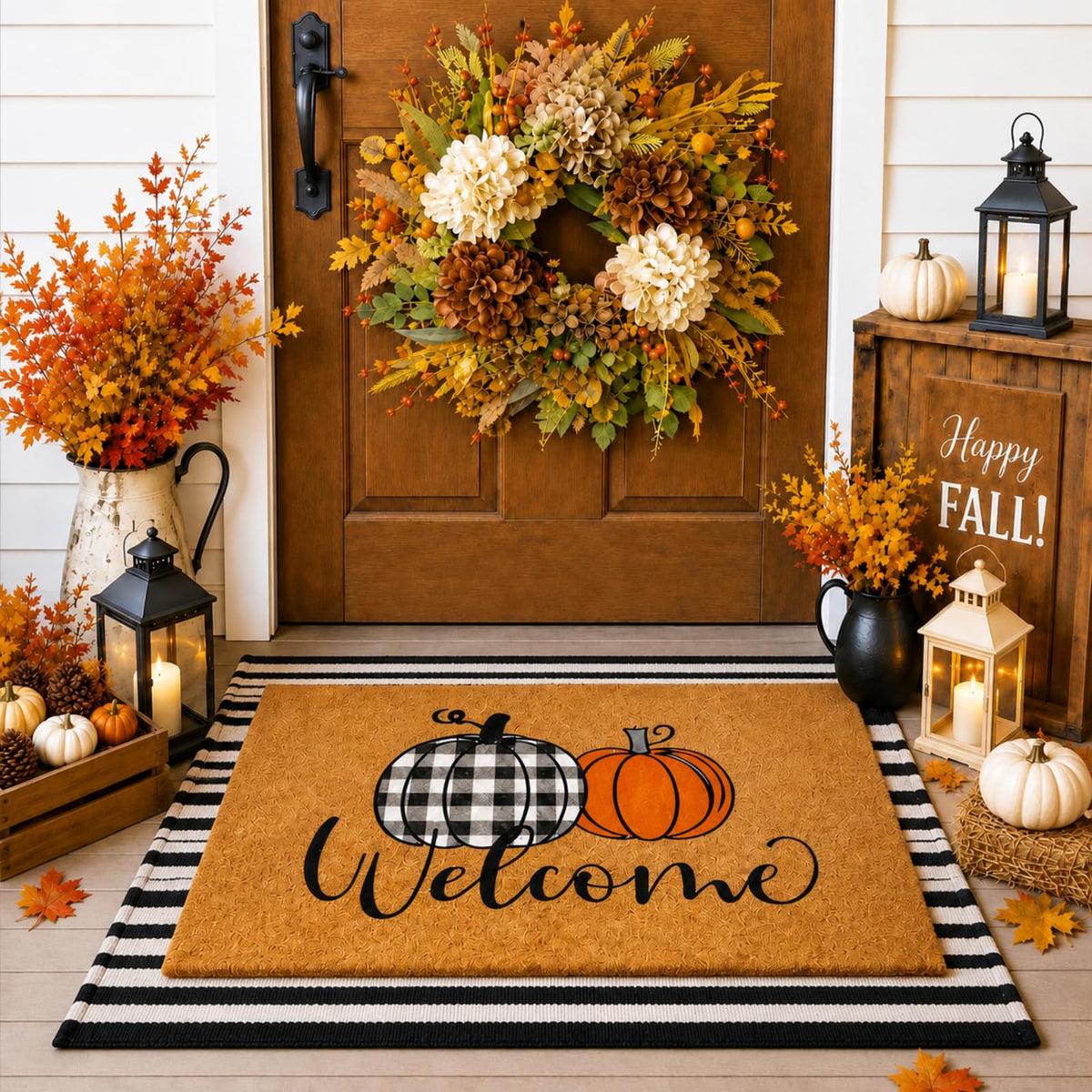 Duraaamo Fall Coir Doormat with pumpkin patterns, front view