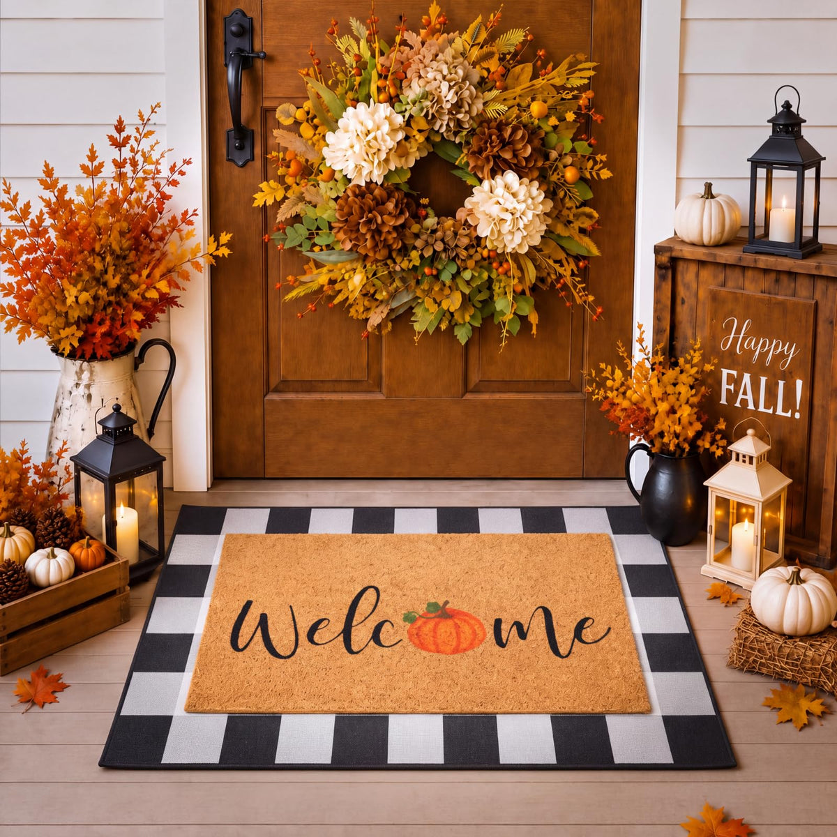 Duraaamo Fall Doormat Set with pumpkin patterns and checkered rug