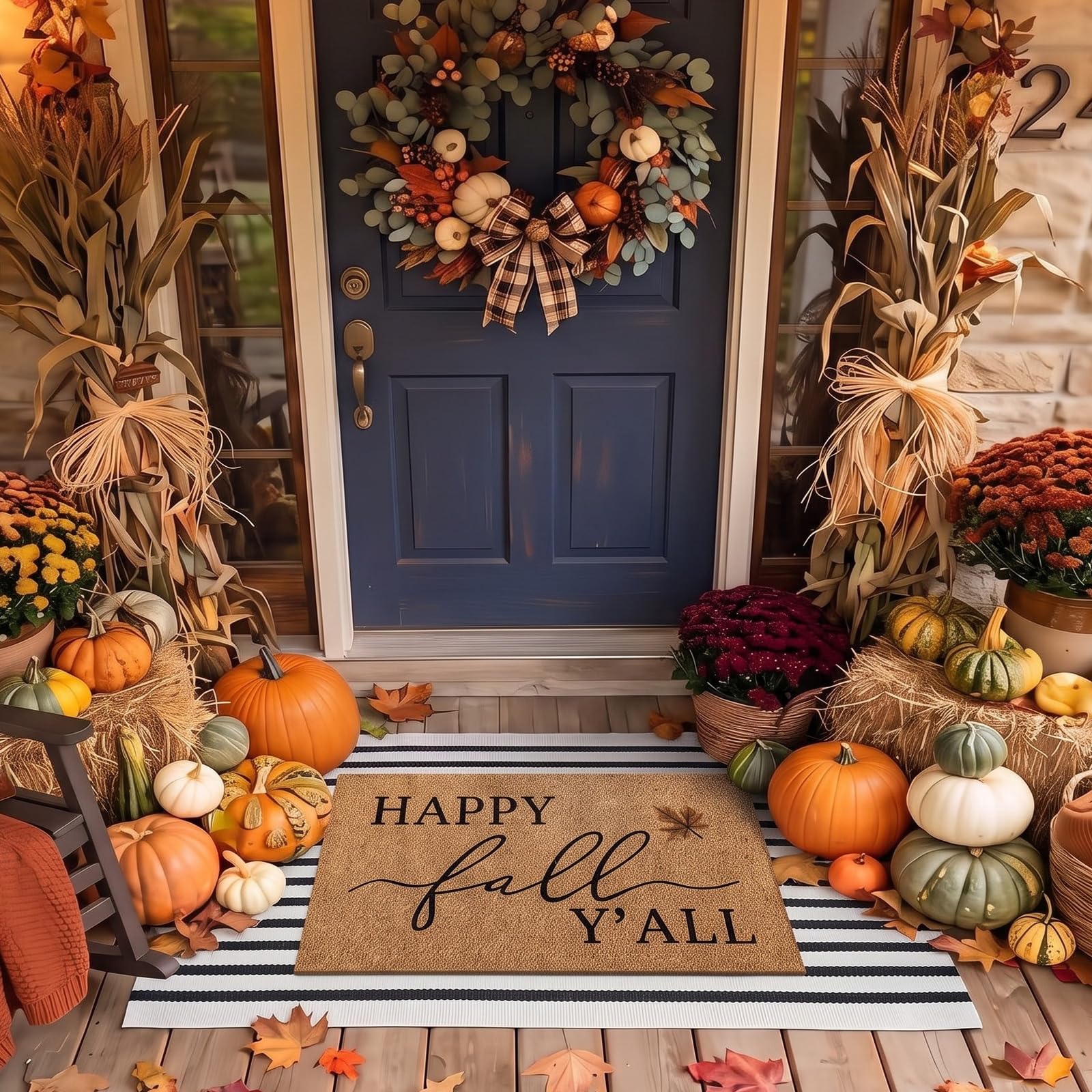 Duraaamo Fall Doormat with happy fall patterns front view