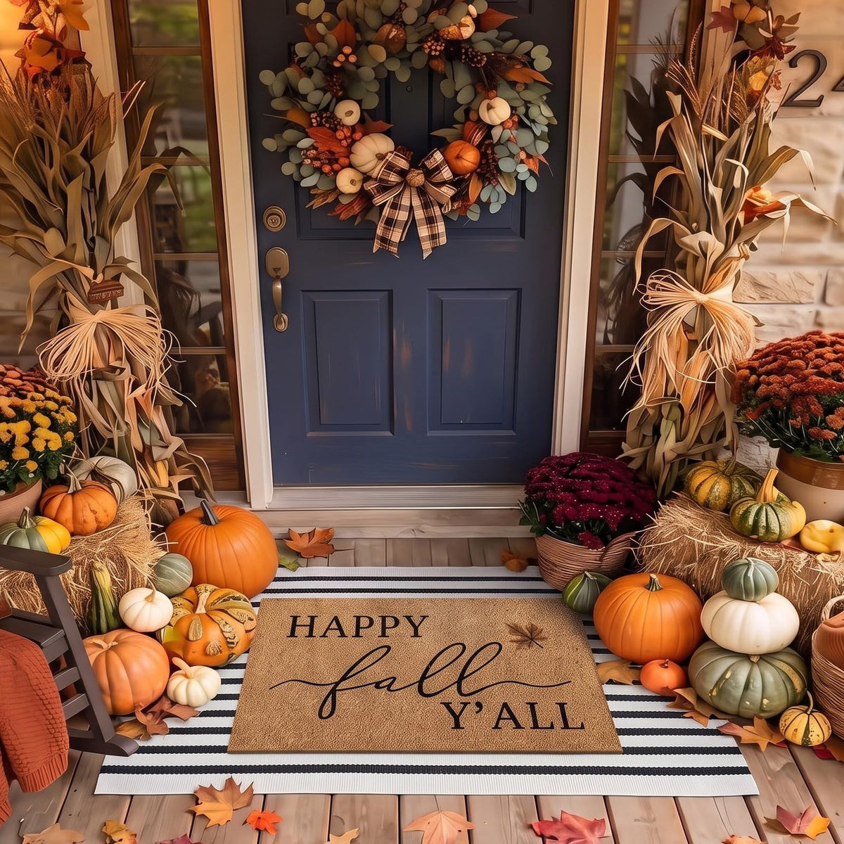 Duraaamo Fall Doormat with happy fall patterns front view