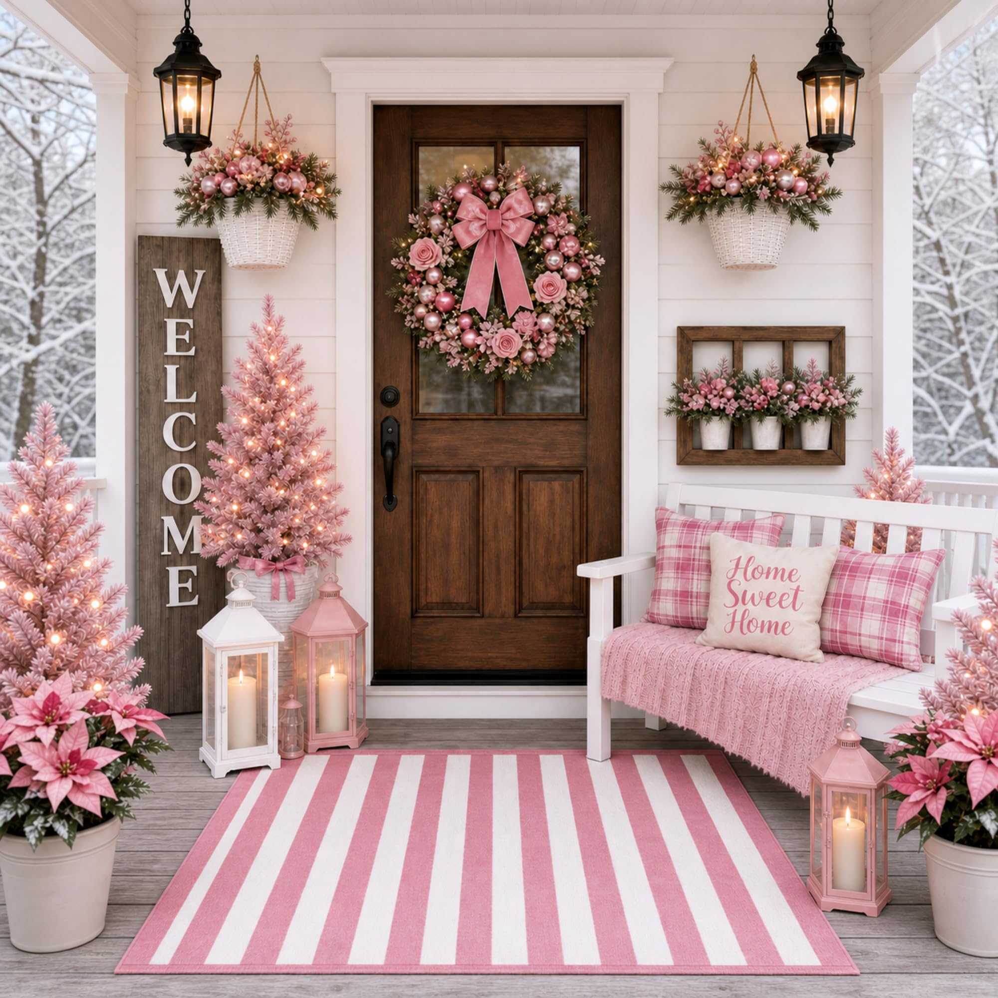 Duraaamo pink striped rug on porch