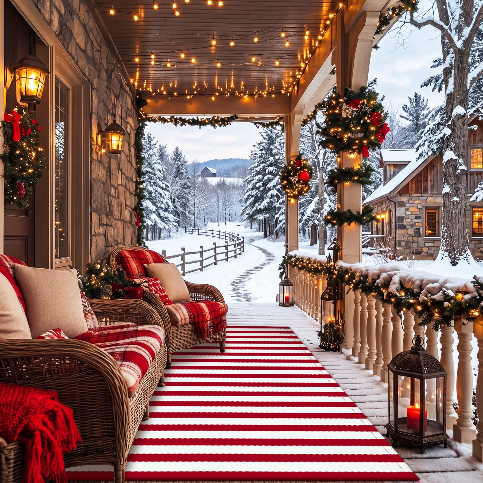 Duraaamo Red and White Striped Rug 4' x 6' in outdoor setting