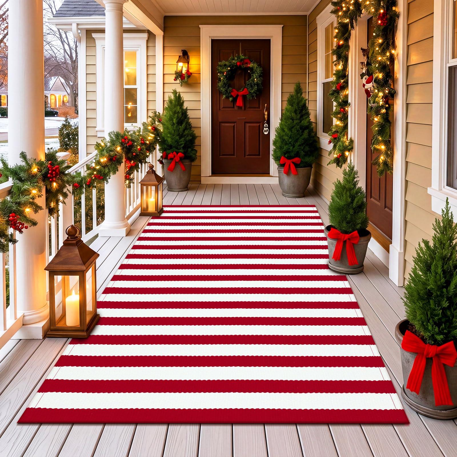Duraaamo Red and White Striped Rug 4' x 6' with decorations