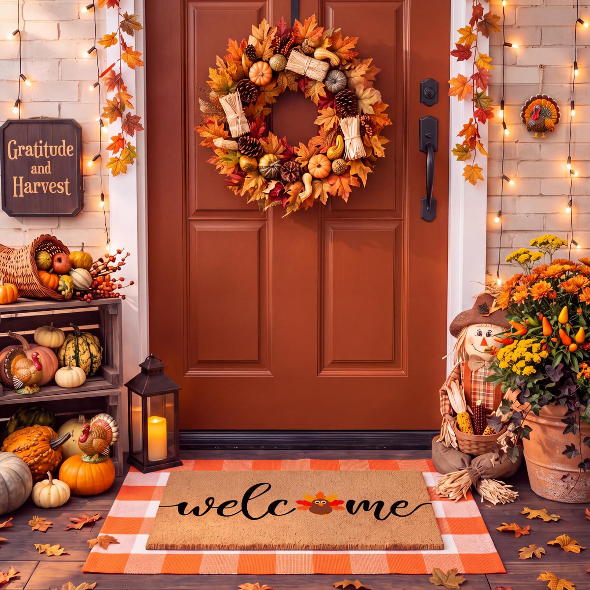 Duraaamo Thanksgiving doormat with turkey design front view