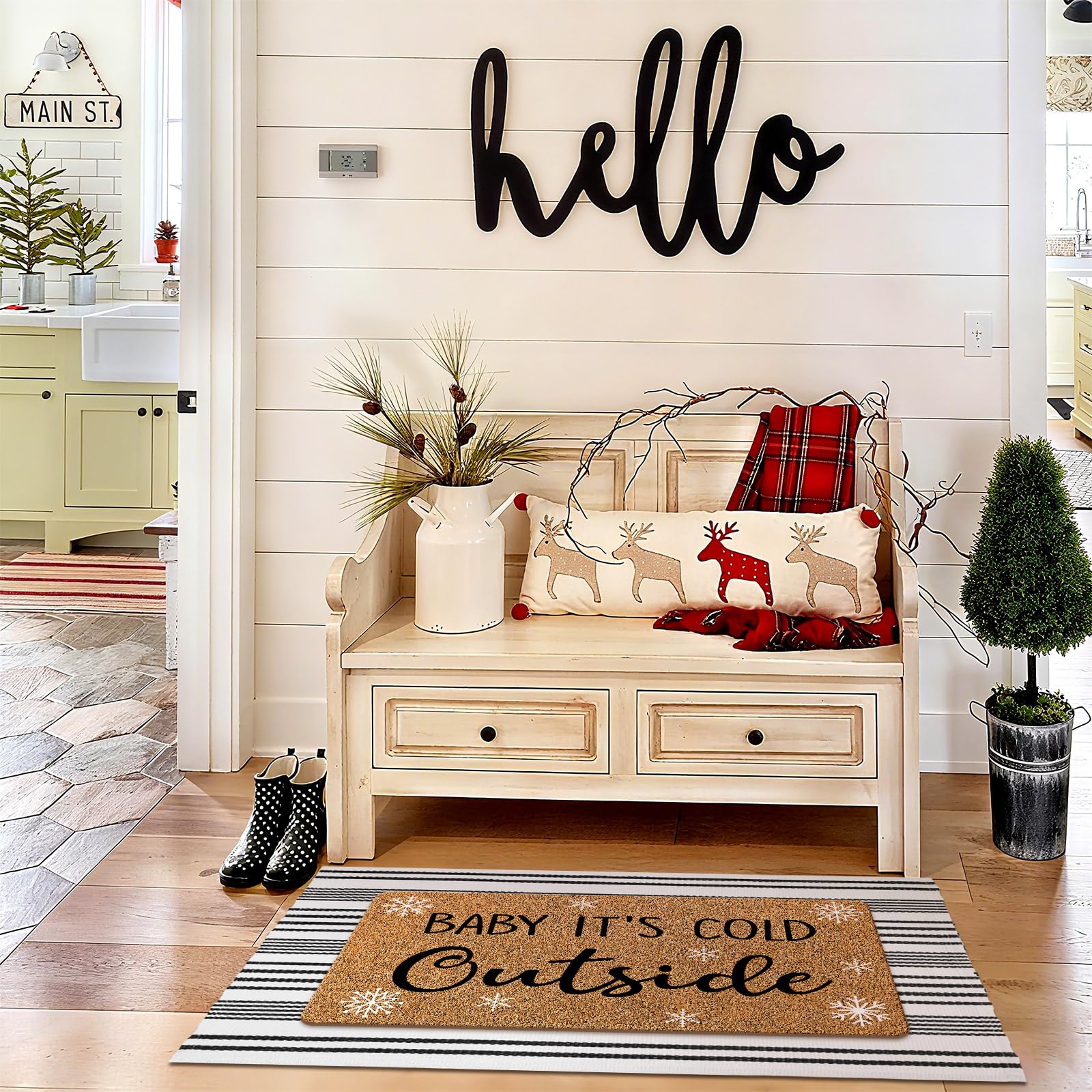 Duraaamo winter doormat in front of a decorated porch