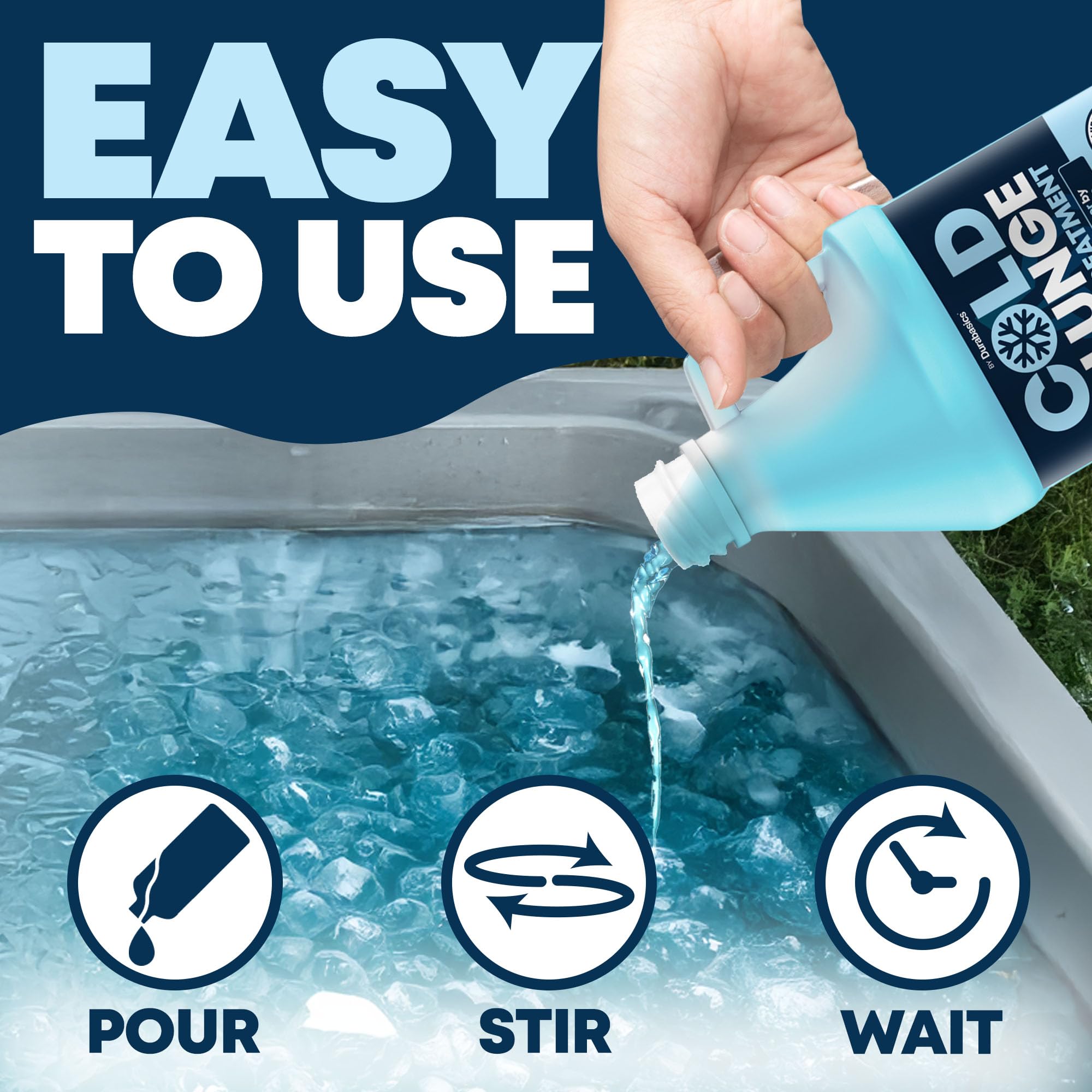 Durabasics Cold Plunge Water 64 oz with clear water in plunge