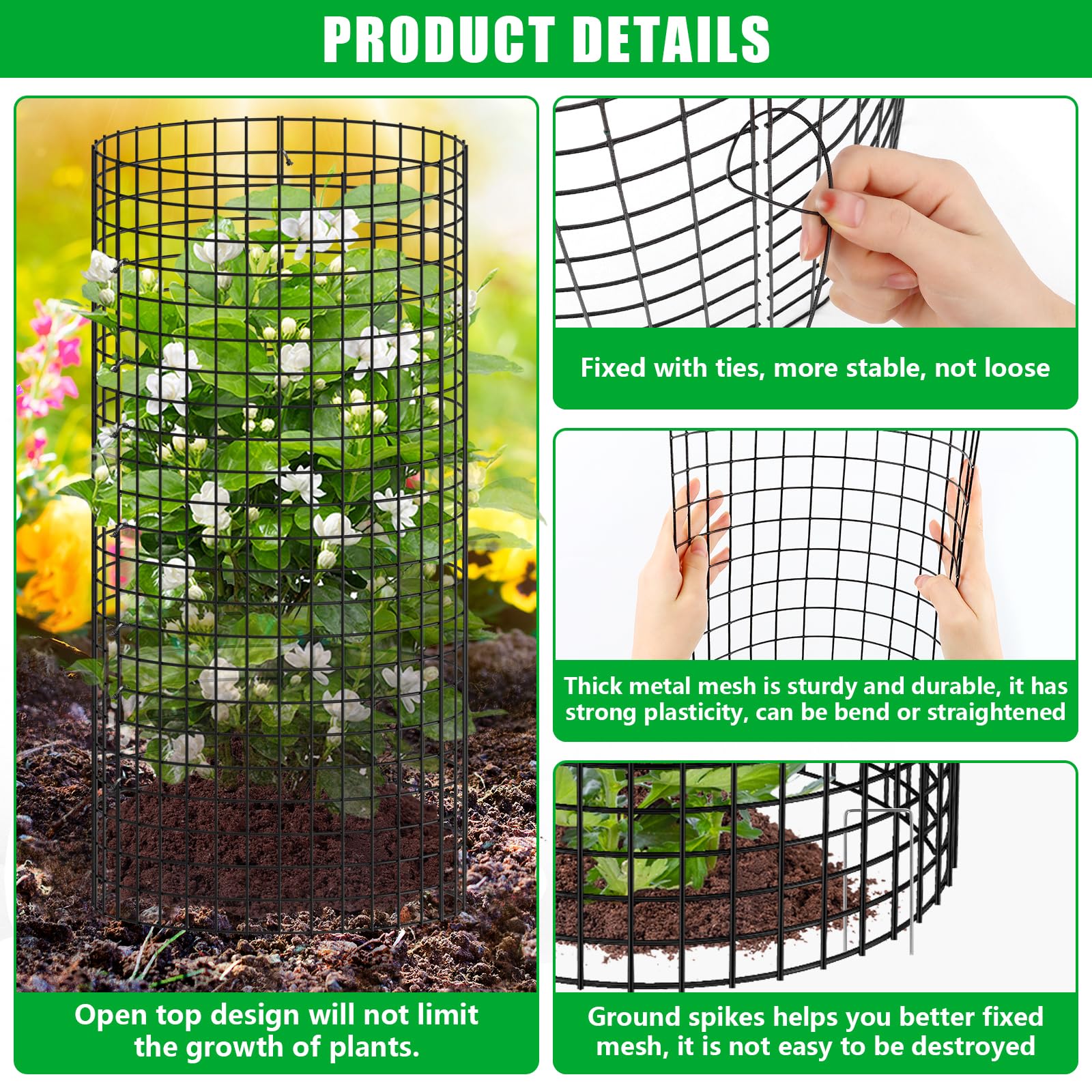 Durable black metal plant cage installed in garden