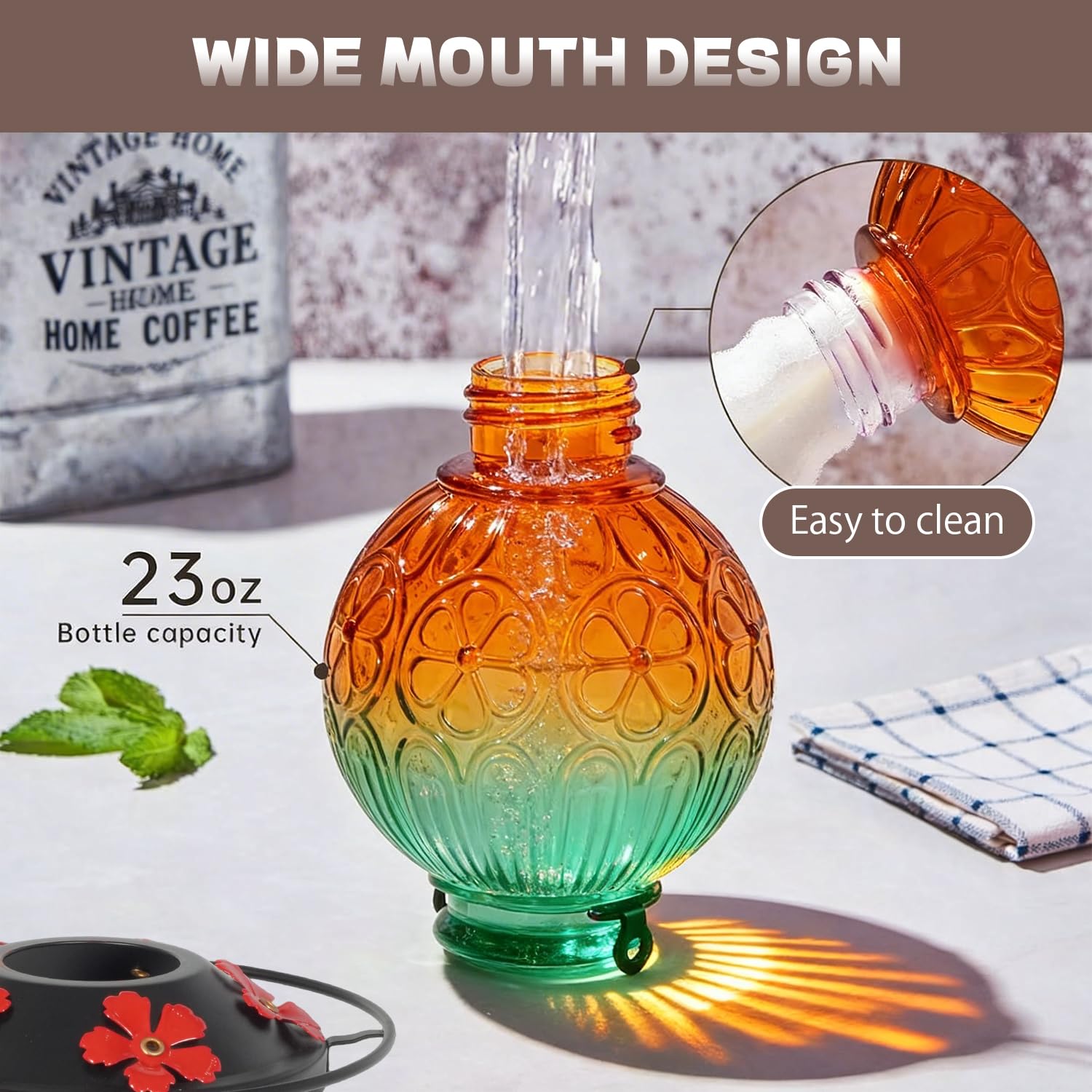Durable glass and metal construction of the feeder