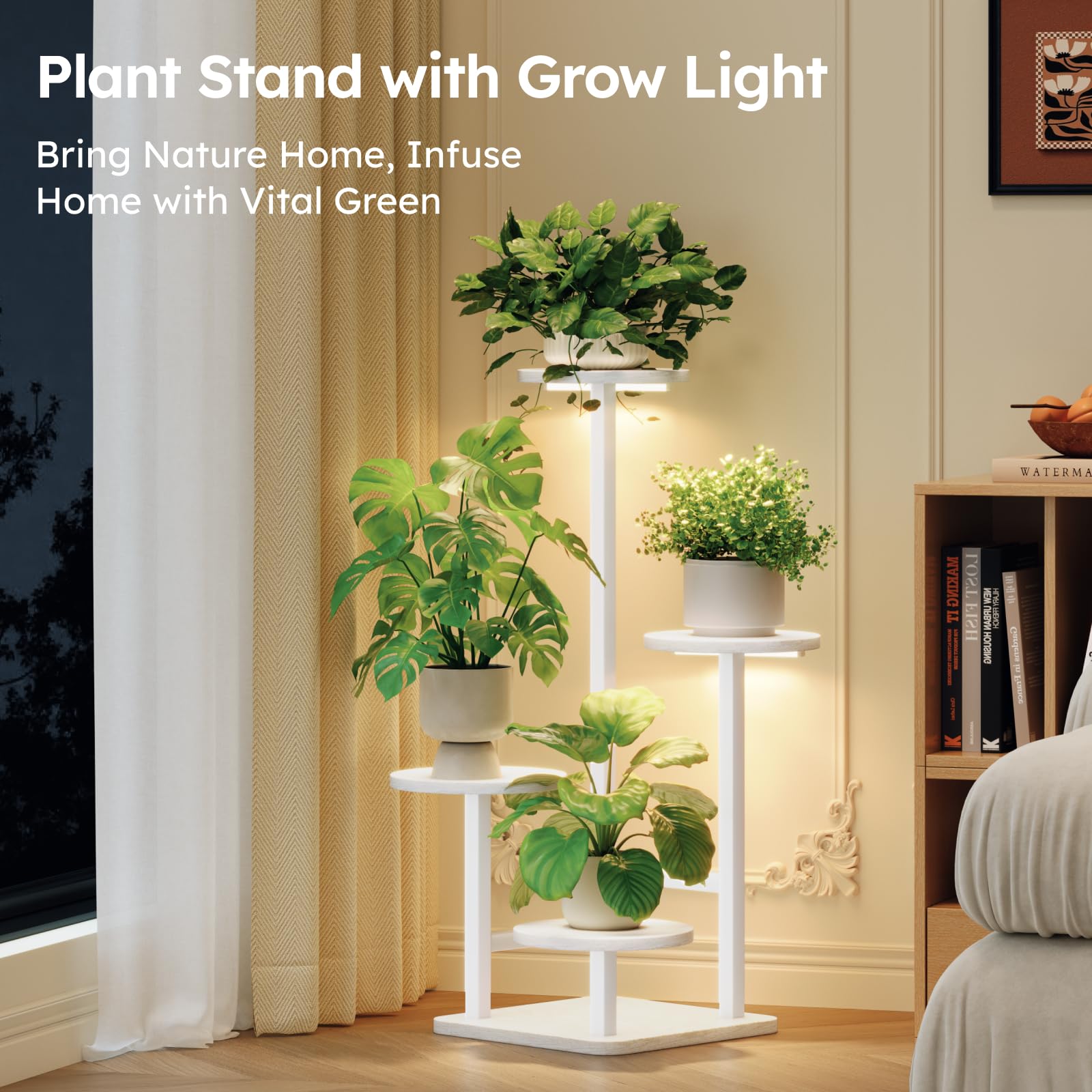 Durable metal frame of Homsorout plant stand showing grow light features