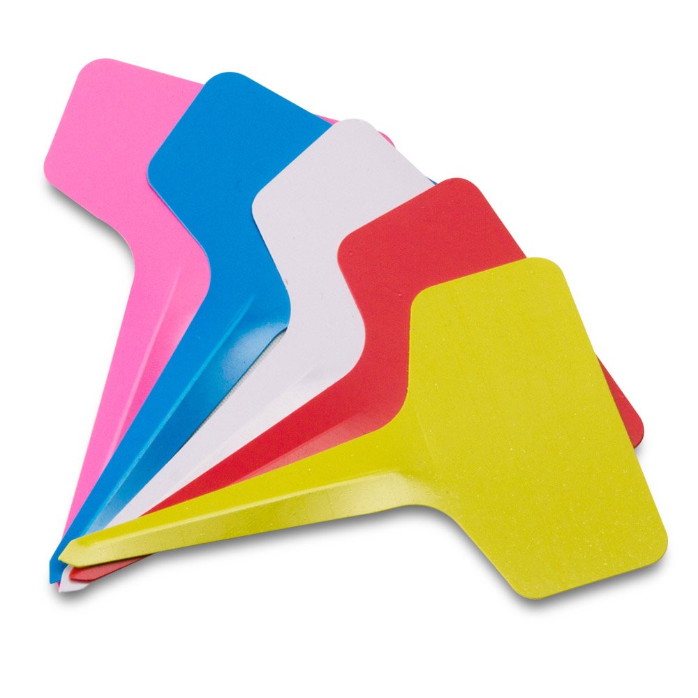 Durable plastic plant labels arranged on a table