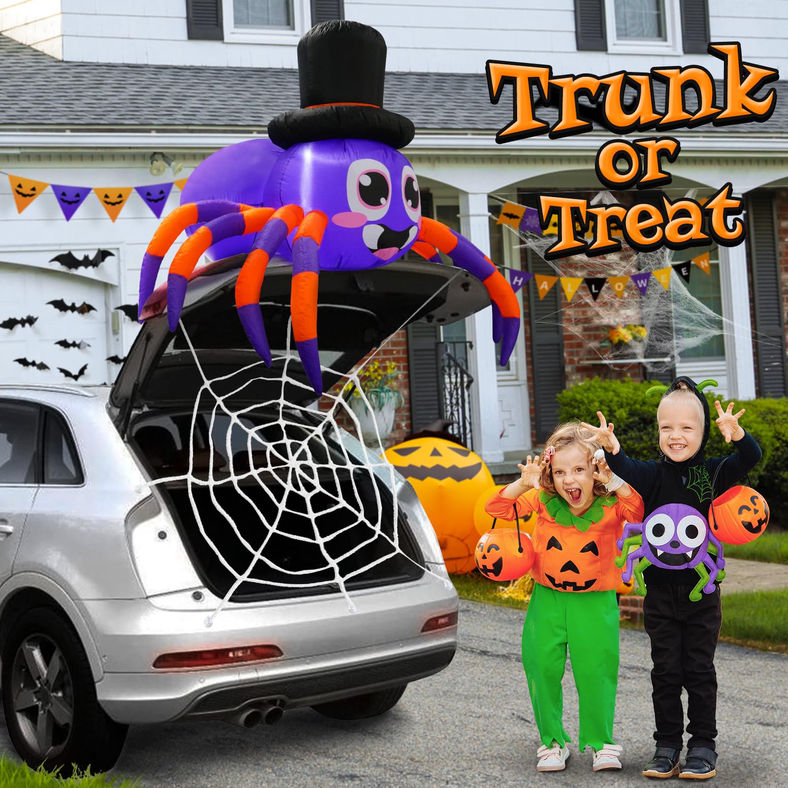 Dusor Halloween inflatable spider set up on a car