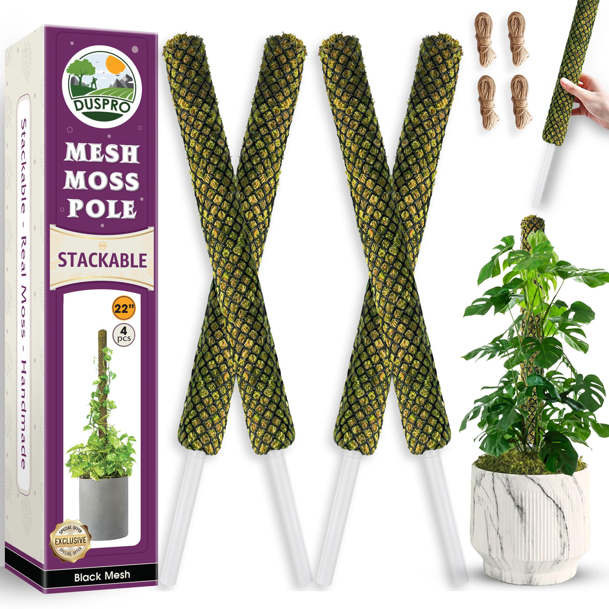 Duspro 22-inch black stackable moss pole for plants front view