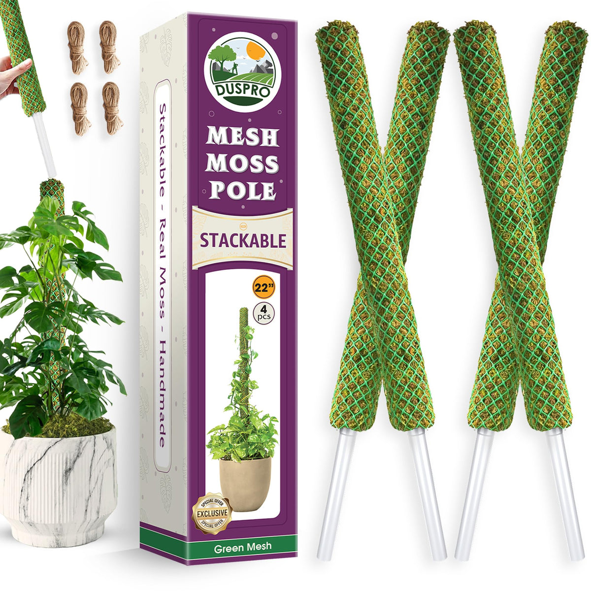 Duspro 22-inch green stackable moss pole front view