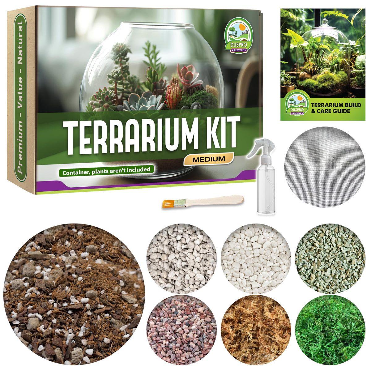 Duspro DIY Terrarium Starter Kit contents including soil and tools