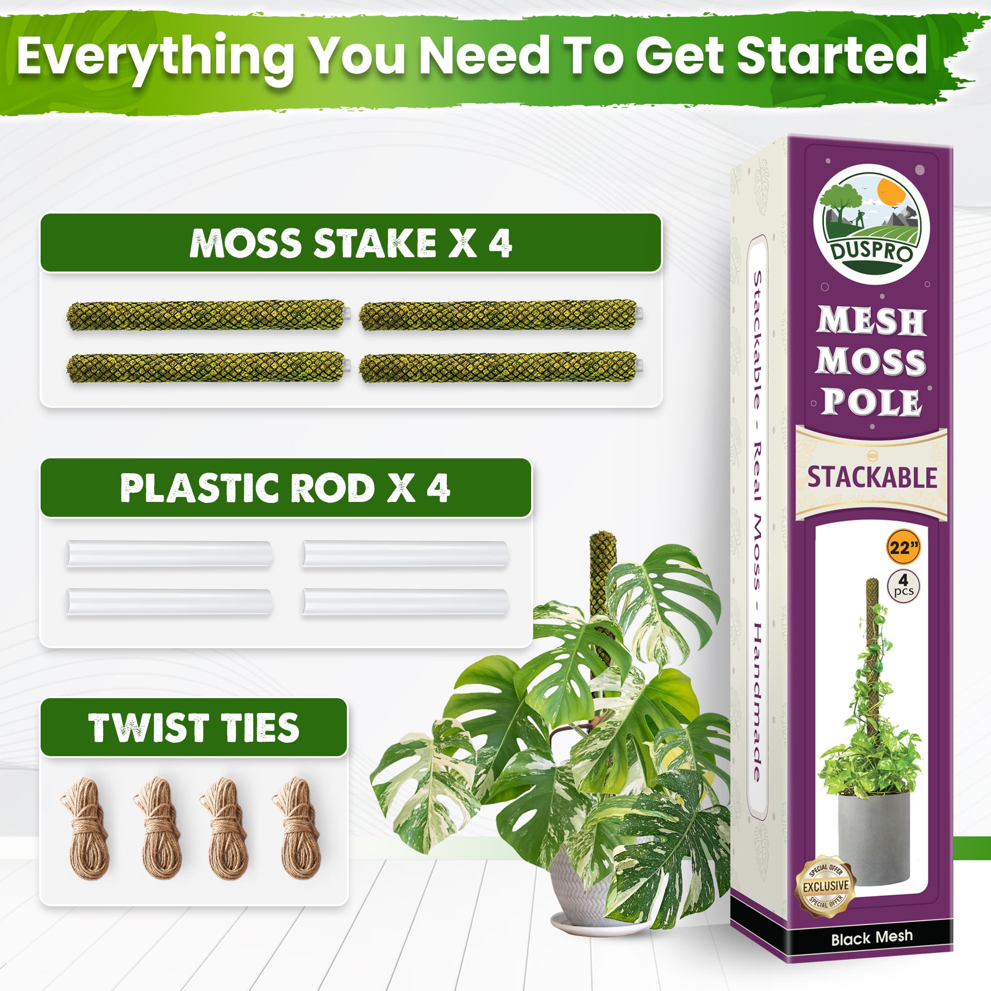 Duspro moss pole pack showing four poles in packaging