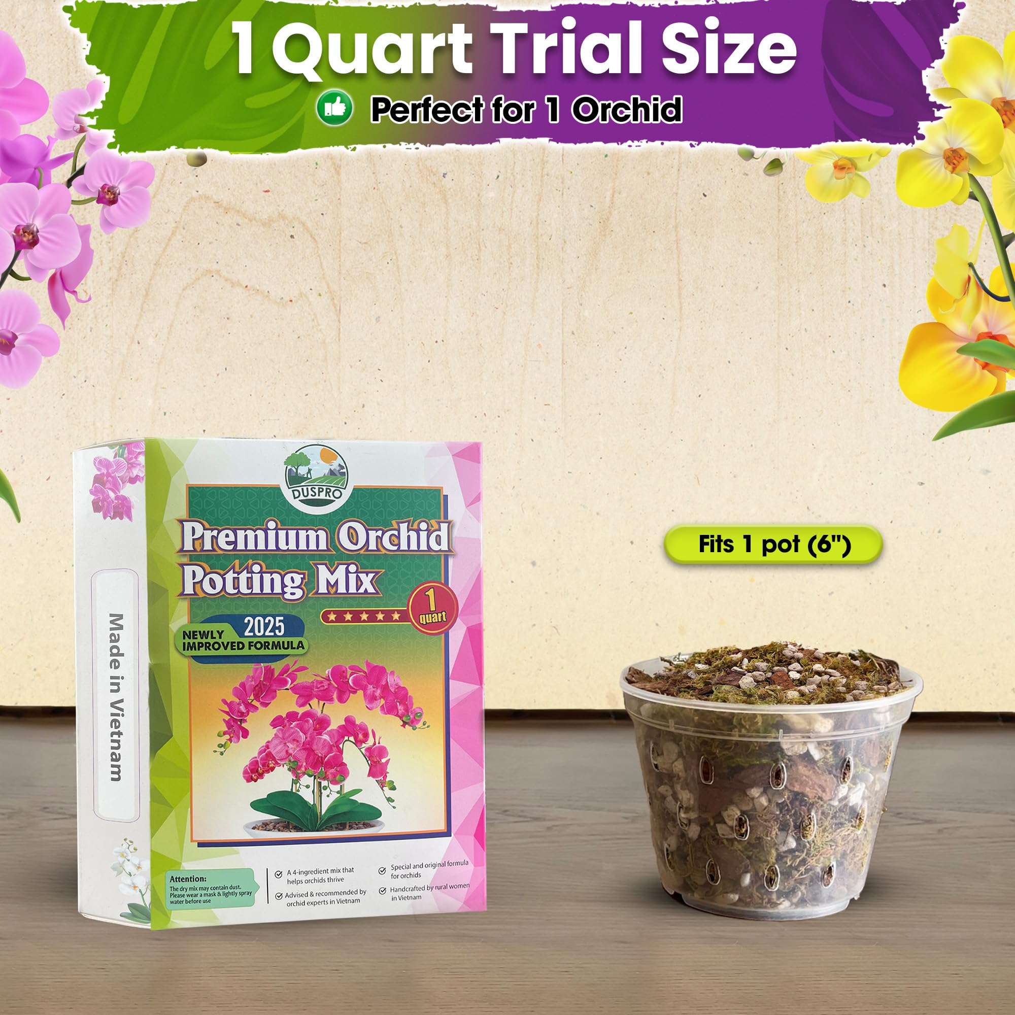 Duspro Orchid Potting Mix 1QT beside various orchid types