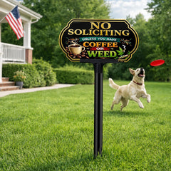 DXSIGN No Soliciting sign in garden setting