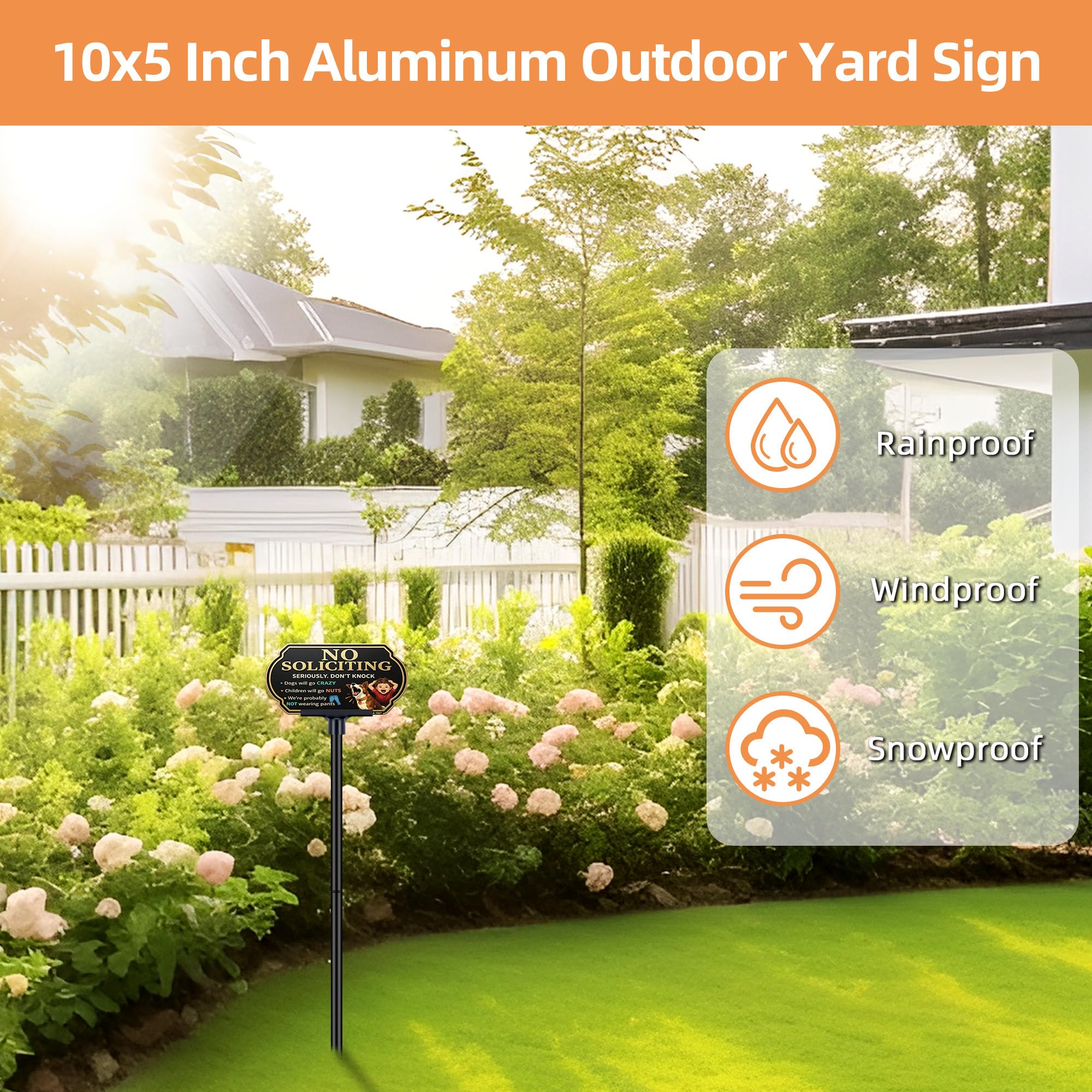 DXSIGN No Soliciting Sign showing its rust-free aluminum material