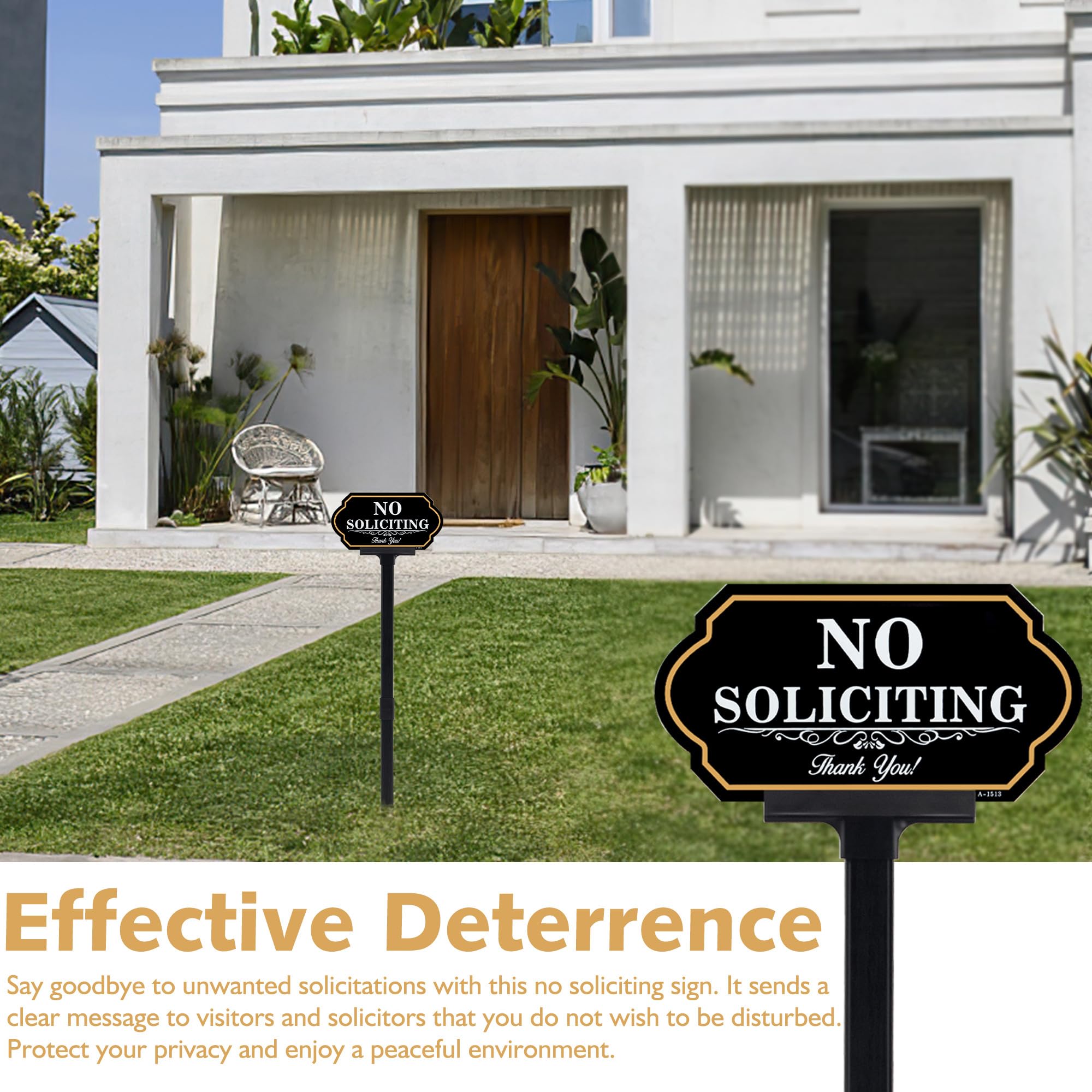 DXSIGN No Soliciting Yard Sign displayed in a garden setting