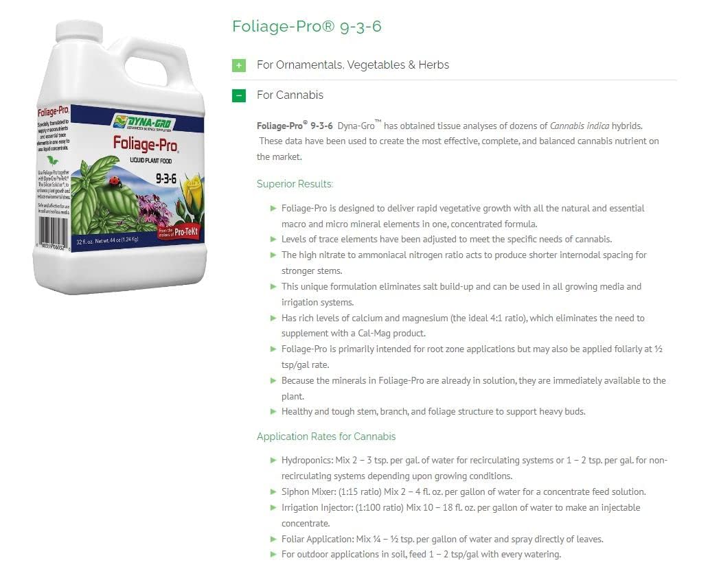 Dyna-Gro Foliage-Pro 1 Qt bottle back view