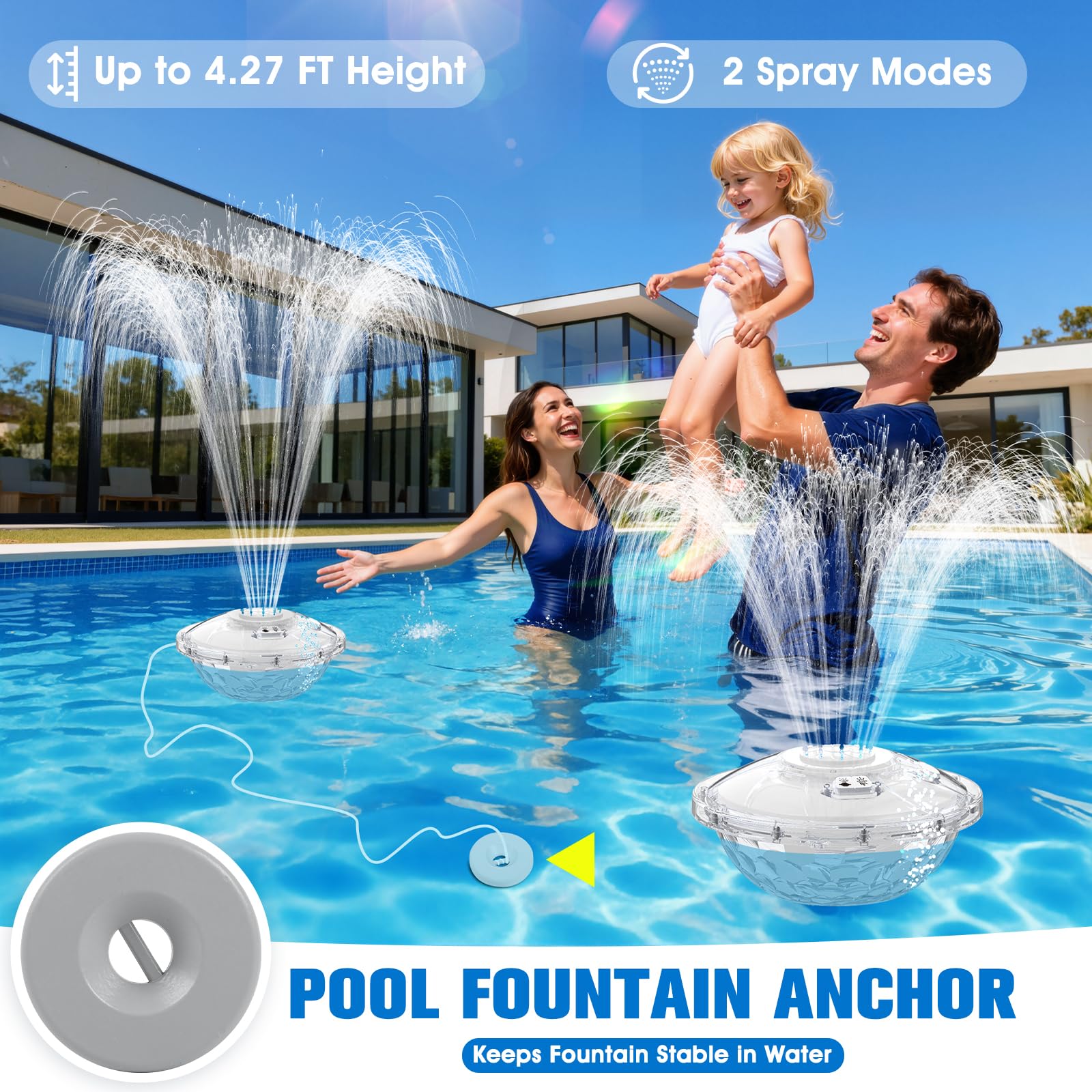 Dynamic lighting modes of PoolPop Floating Fountain at night