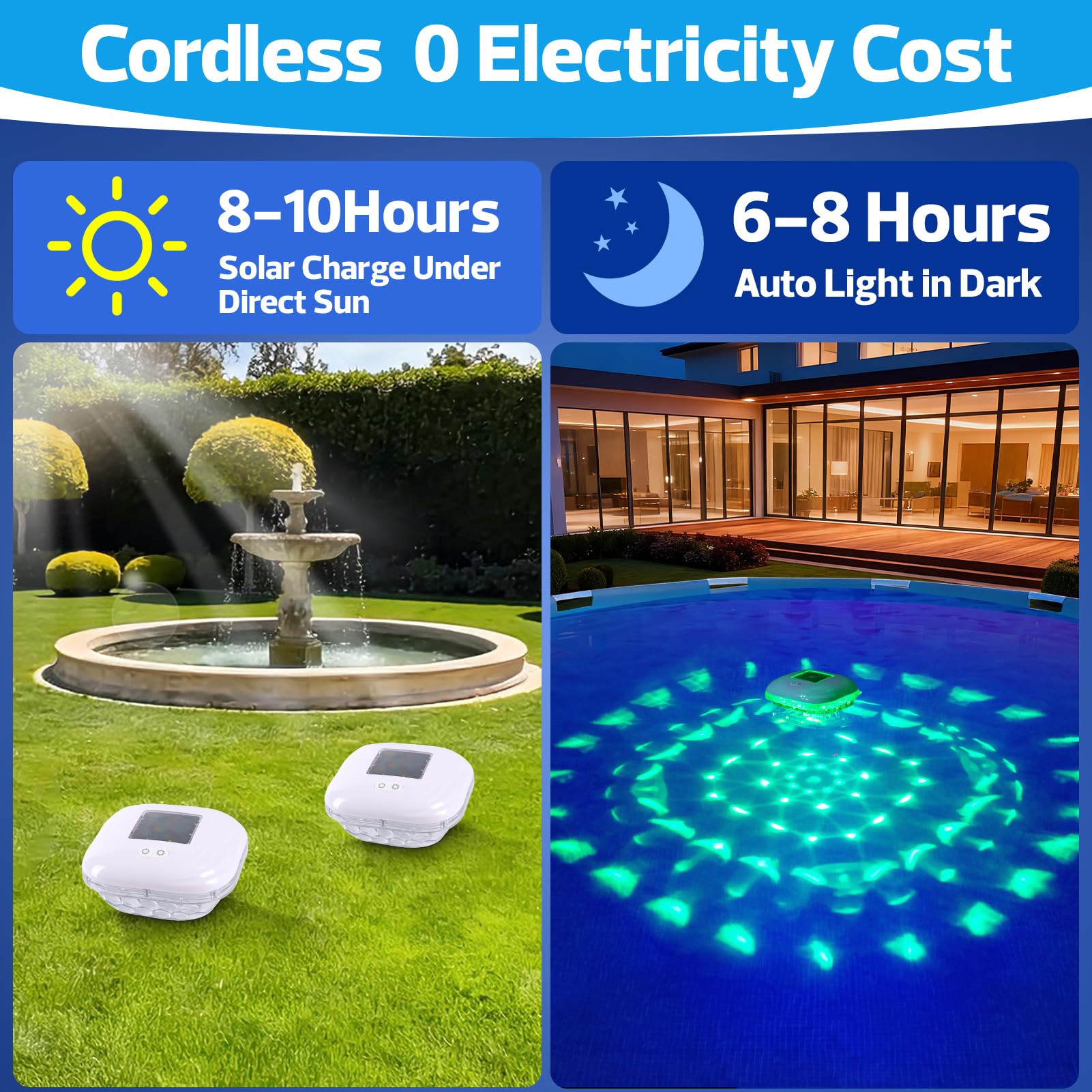 Dynamic RGB light display of Pooldecor floating lights