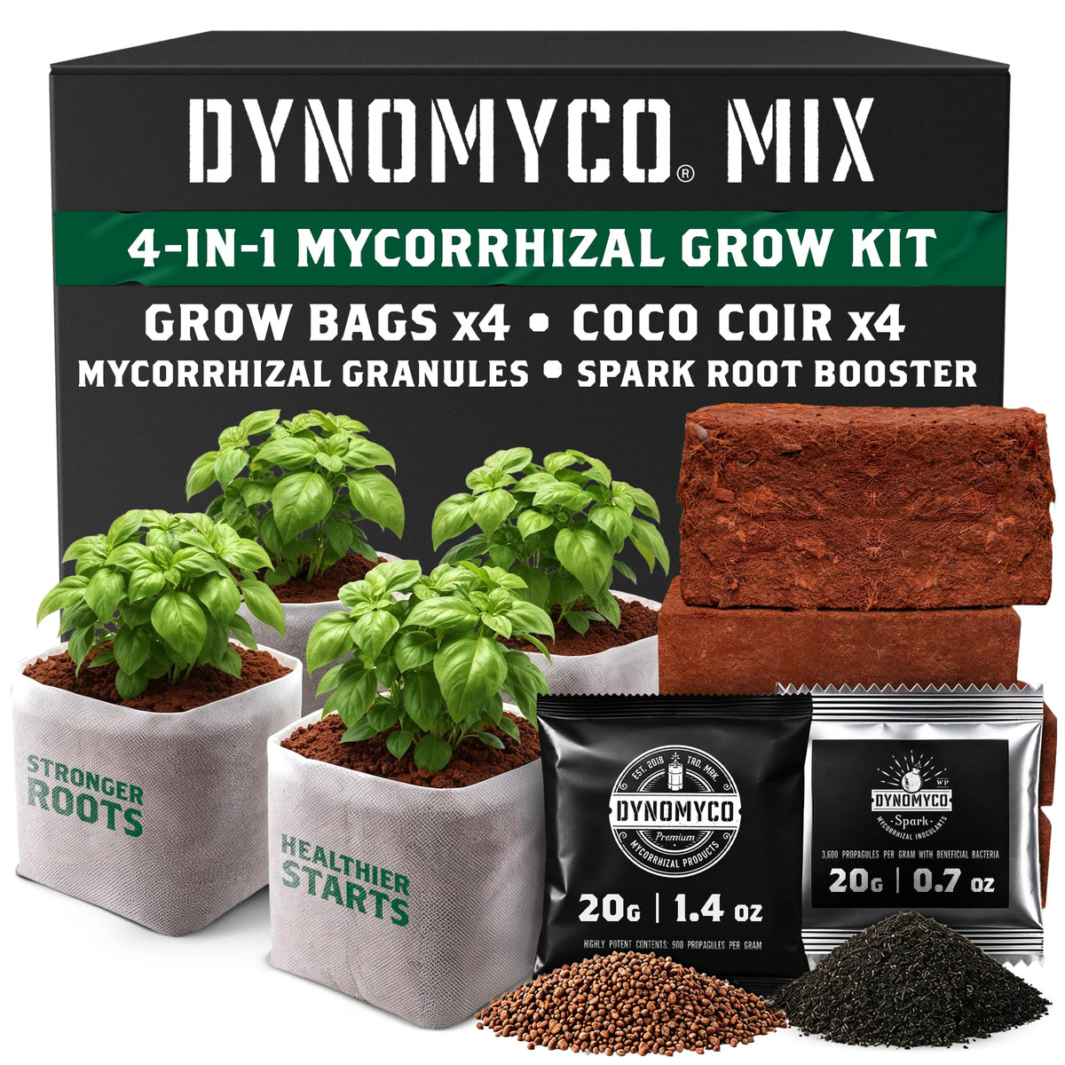 DYNOMYCO Mycorrhizal Fungi Inoculant Grow Kit packaging with components