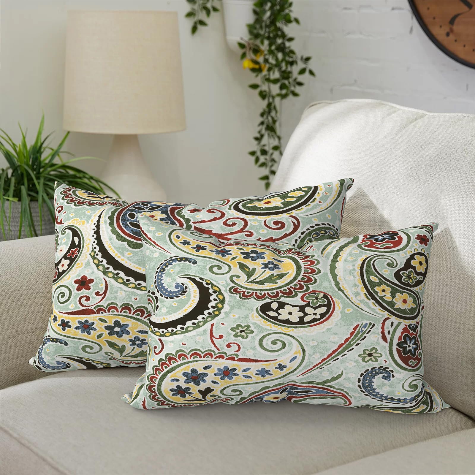 DYTXIII Pack of 2 Outdoor Lumbar Pillows in Paisley Lightcyan front view